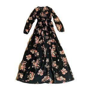 Maxi Dress Skort Overskirt Women X-Small Floral Navy Blue Long Sleeves Rue21 XS